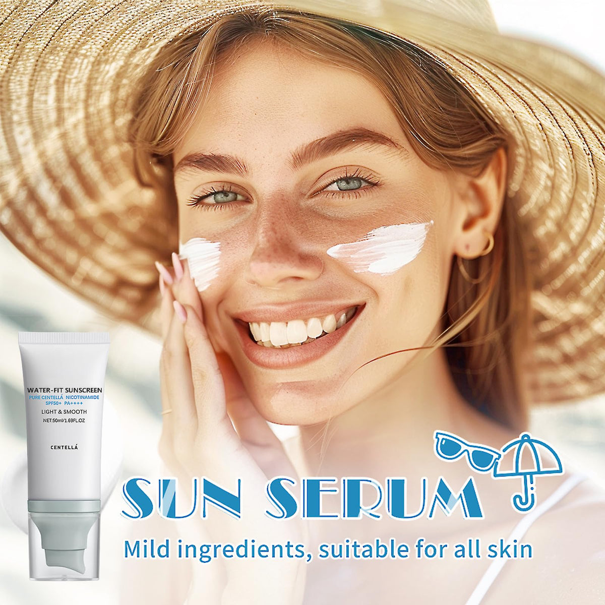 LuckNest Centella Sunscreen SPF 50 texture close-up shows lightweight hydration.
