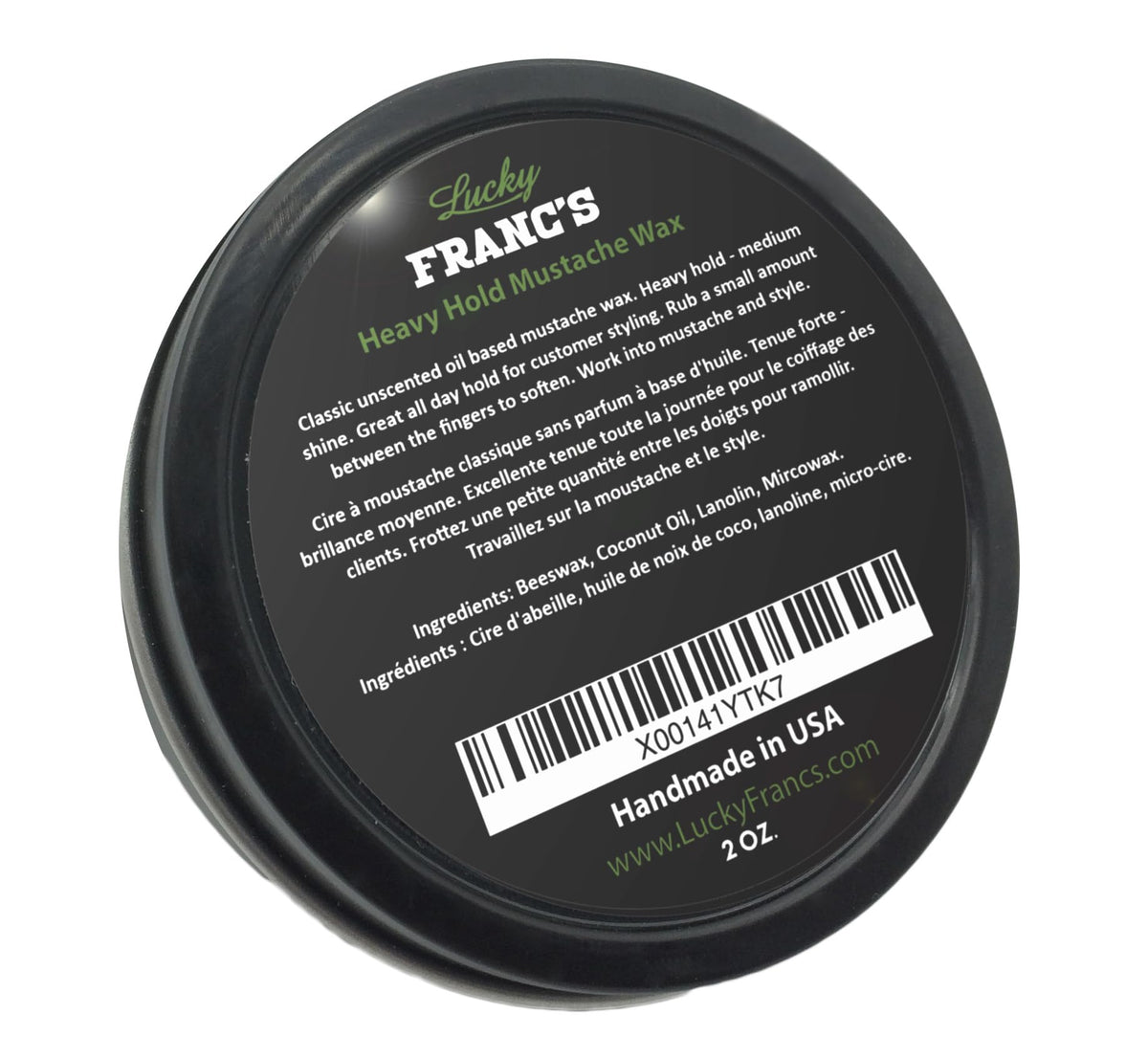 Lucky Franc's unscented mustache wax being warmed between fingers for precise styling.