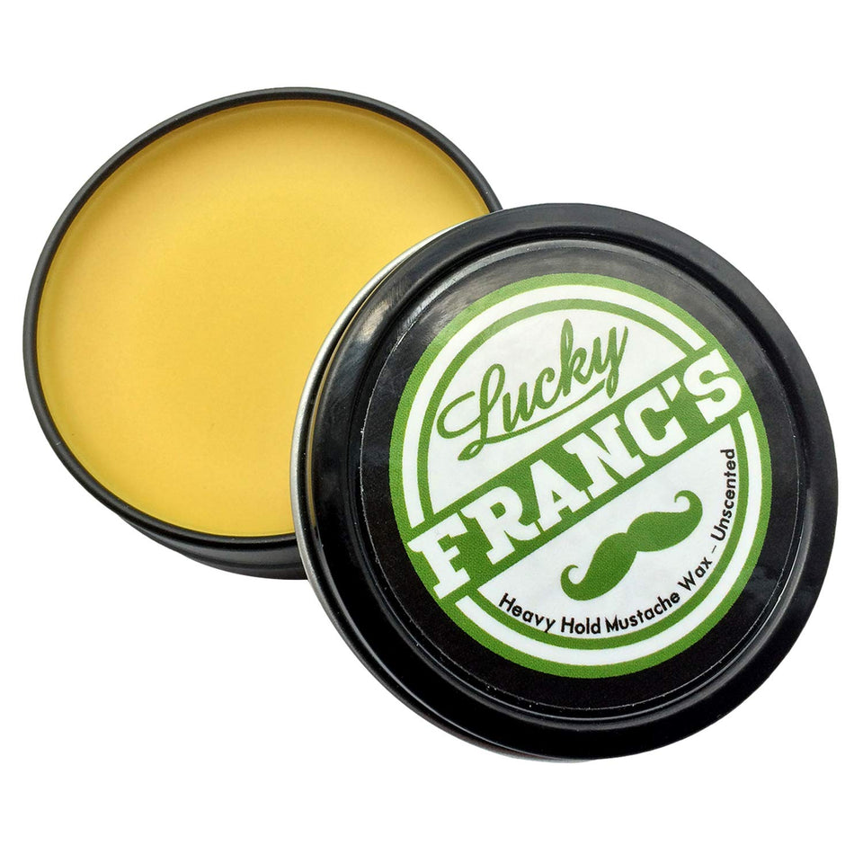 Lucky Franc's unscented mustache wax bottle front showing strong all-day hold.
