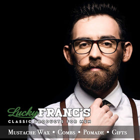 Lucky Franc's unscented mustache wax in action for firm stache styling.