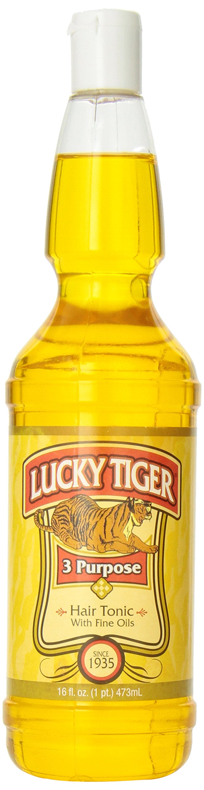 Lucky Tiger 3 Purpose Hair Tonic bottle showcases barbershop heritage and lightweight grooming
