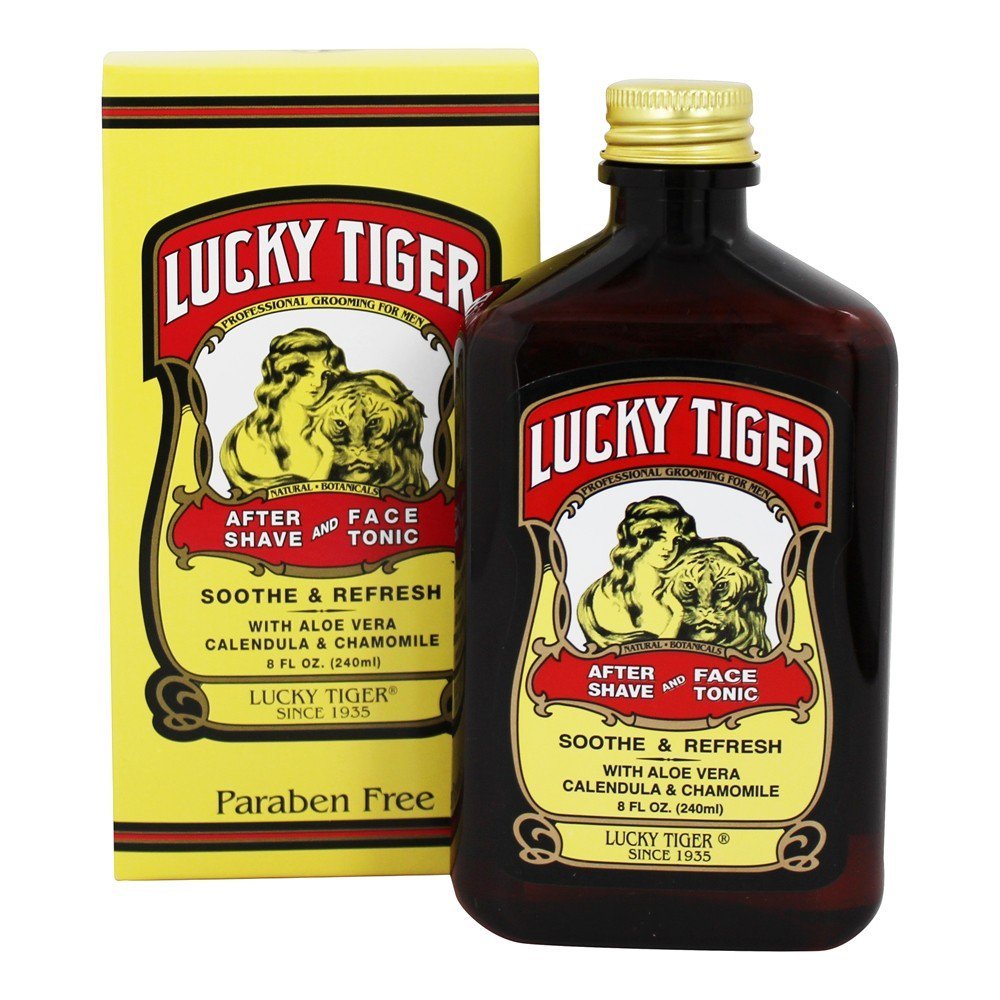Lucky Tiger aftershave bottle being poured for a cooling, alcohol-free refresher.