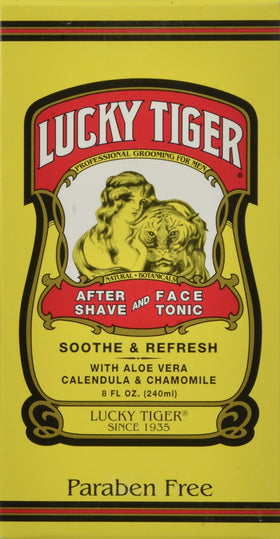 Lucky Tiger After Shave bottle pour showing a refreshing post-shave feel and skin comfort.