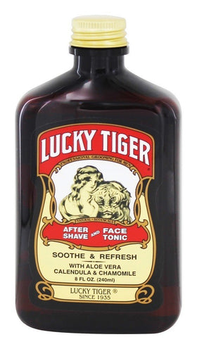 Lucky Tiger barbershop heritage USA badge emphasizing trusted grooming tradition.