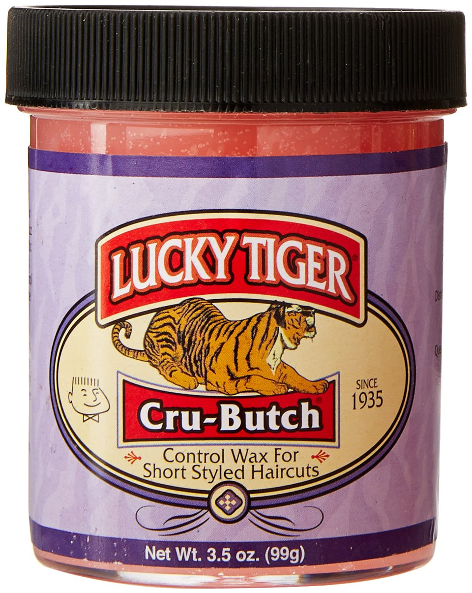 Lucky Tiger Cru-Butch Control Wax jar showing strong hold for crew cuts.