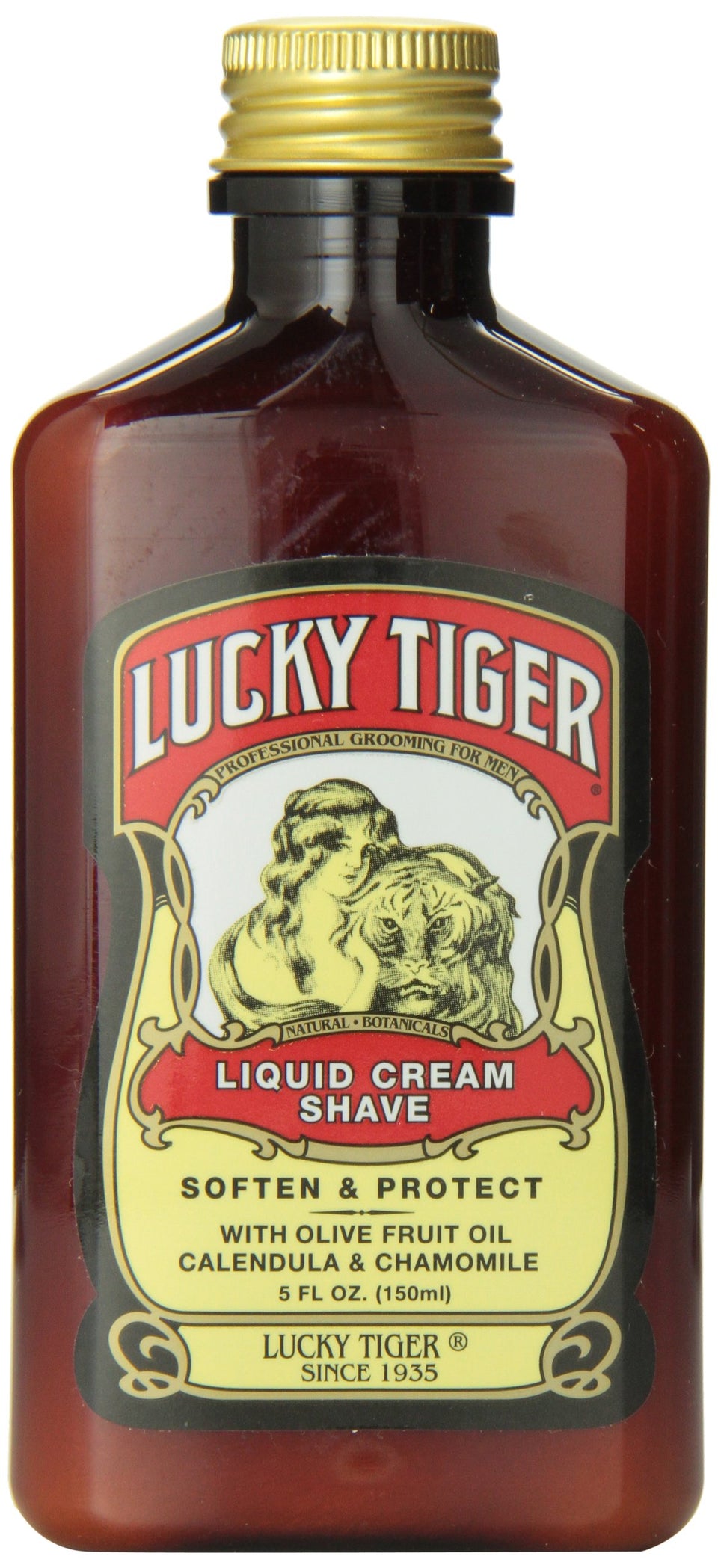 Lucky Tiger Liquid Cream Shave bottle showing rich lather for a smooth, protected shave.