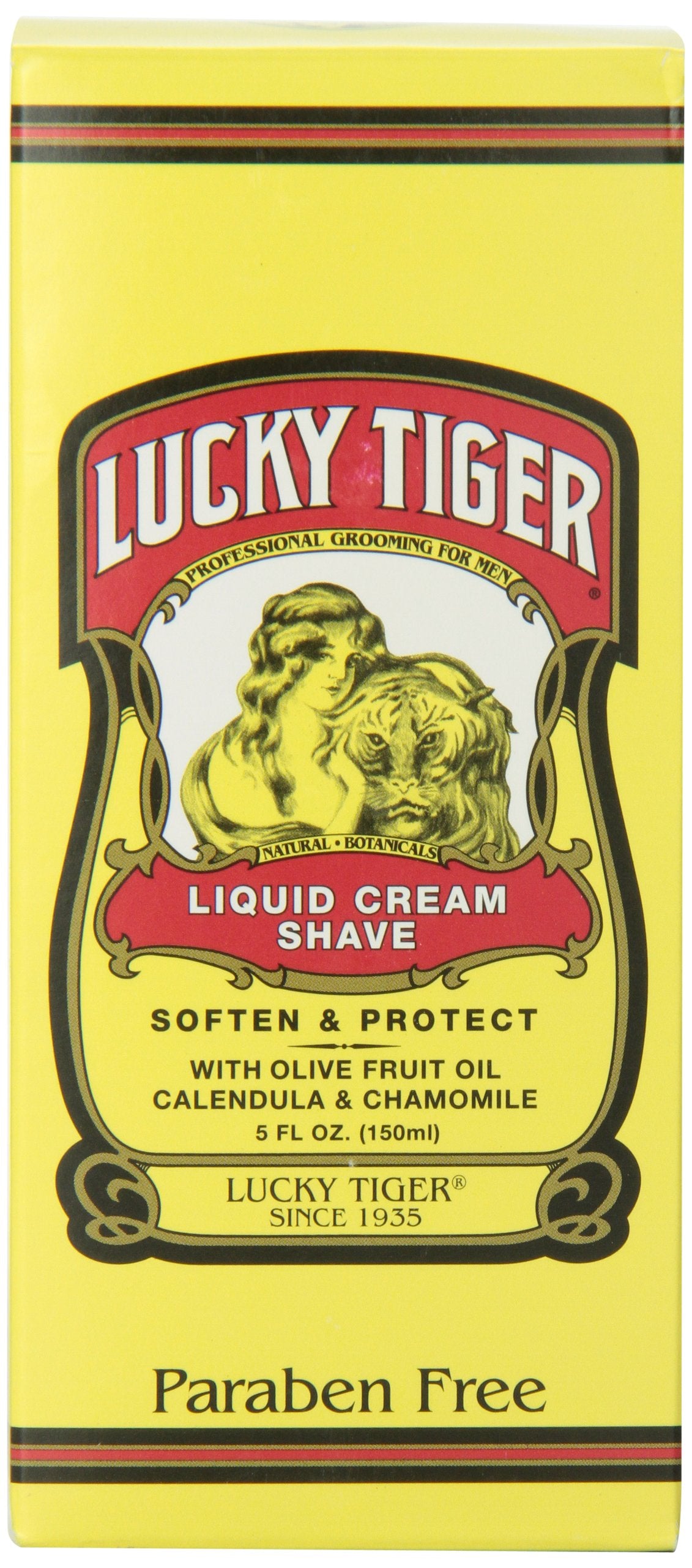 Lucky Tiger Liquid Cream Shave closeup shows vintage packaging and premium protection.