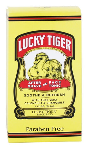 Lucky Tiger razor burn relief application demonstrating non-alcoholic calming formula.