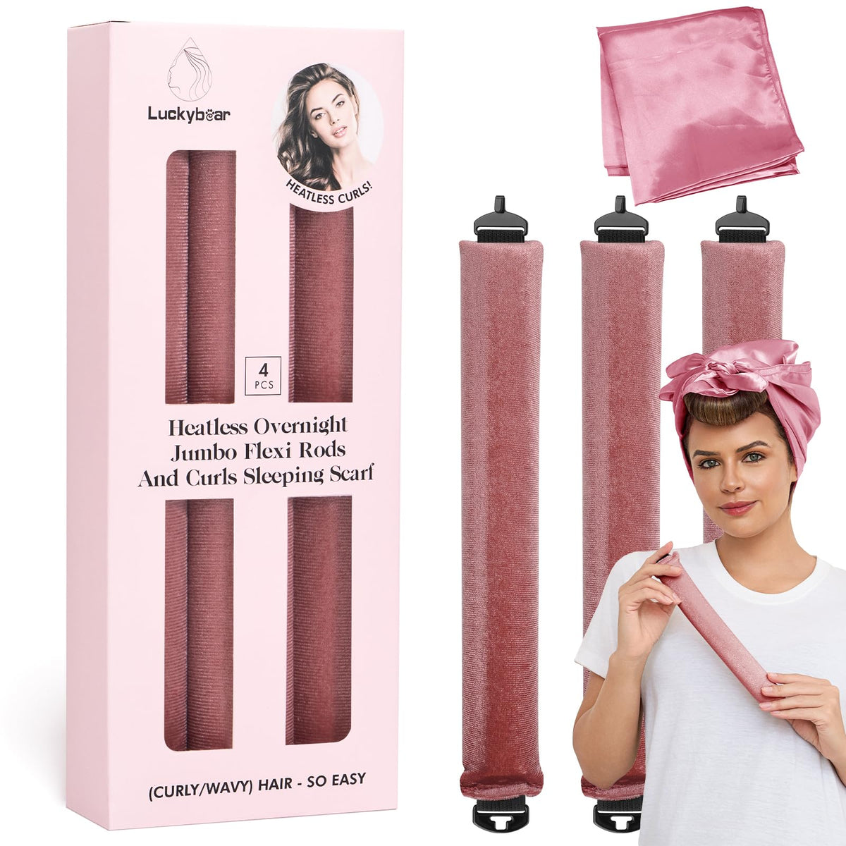 Luckybear heatless curls overnight rods in dark pink showcasing compact jumbo set for sleep styling
