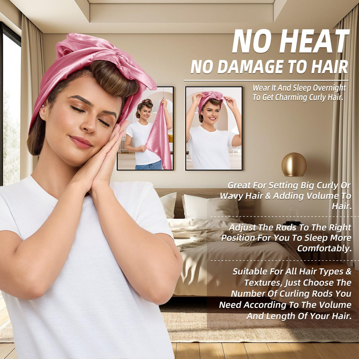 Luckybear heatless curls overnight rods in use for overnight styling with dark pink rods