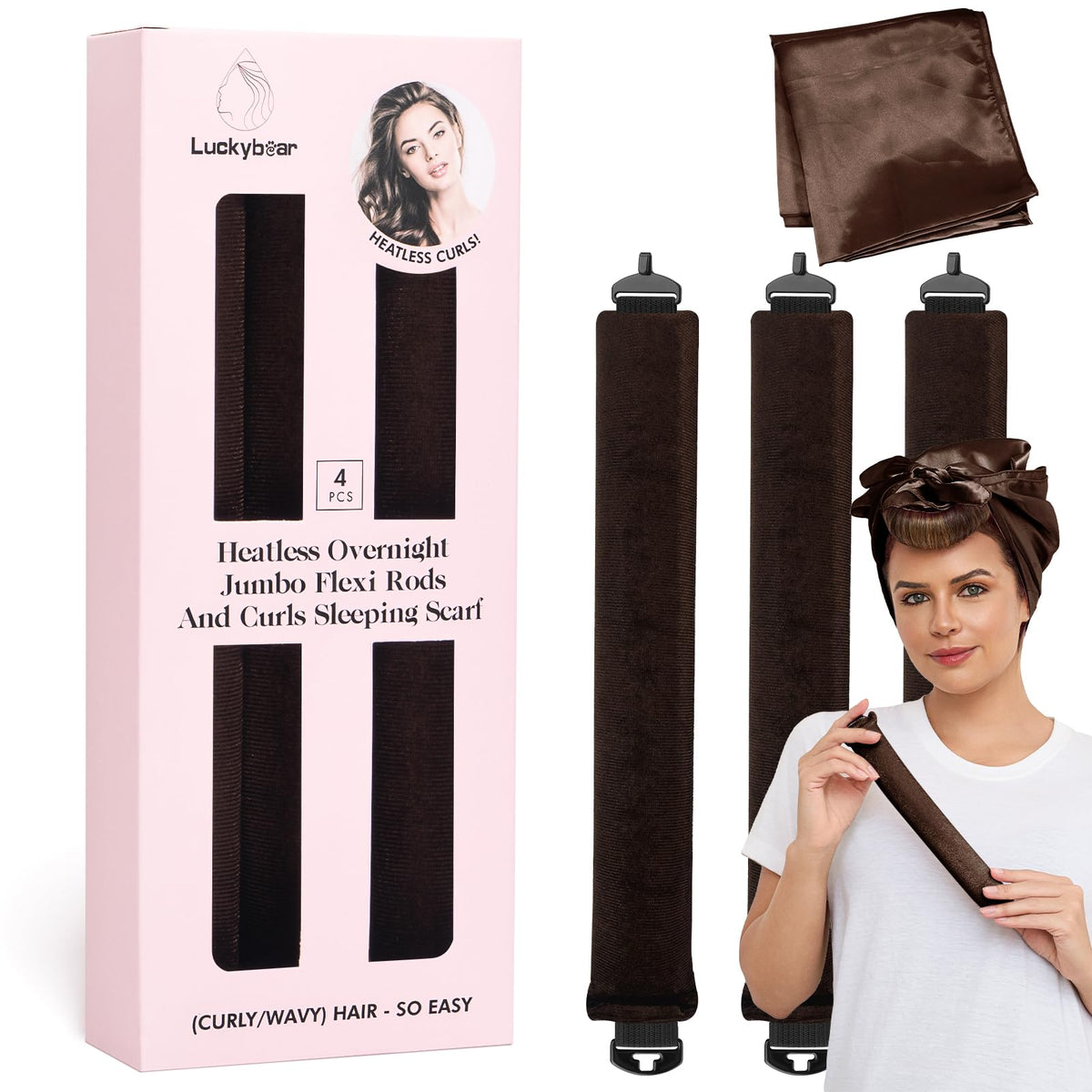 Luckybear heatless curls overnight rods packaging with jumbo set and velvet satin wraps.