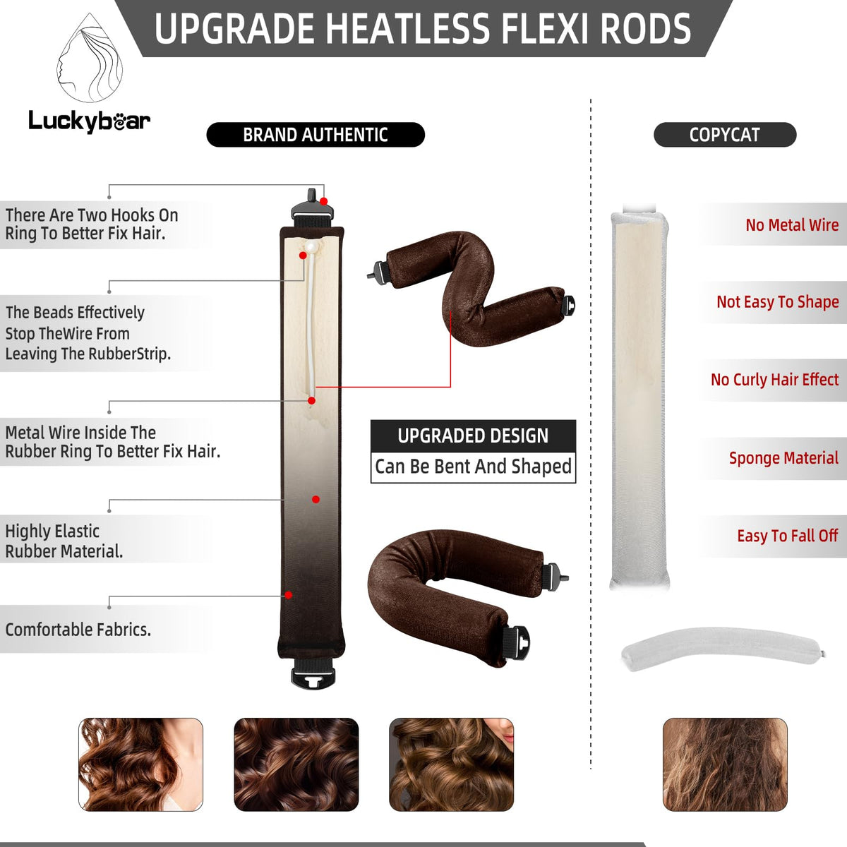 Luckybear heatless curls jumbo rods demonstrate compatibility with all hair types.