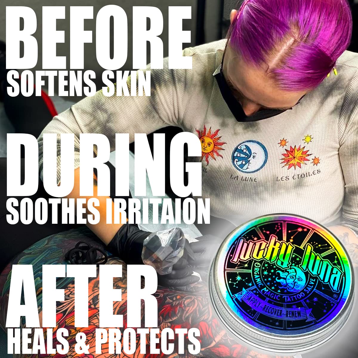 LuckyLuna tattoo aftercare application demonstrates a smooth layer for healing.