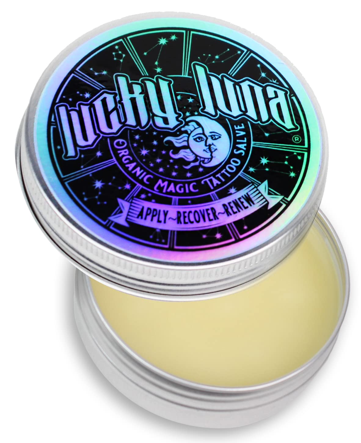 LuckyLuna unscented tattoo salve jar shows natural organic ingredients and gentle hydration.