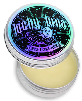 LuckyLuna unscented tattoo salve jar shows natural organic ingredients and gentle hydration.