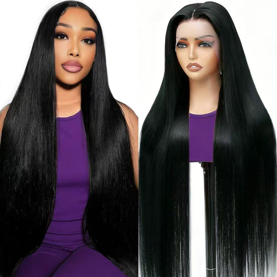 LUCLUEME 32-inch straight wig with HD lace front for natural parting.