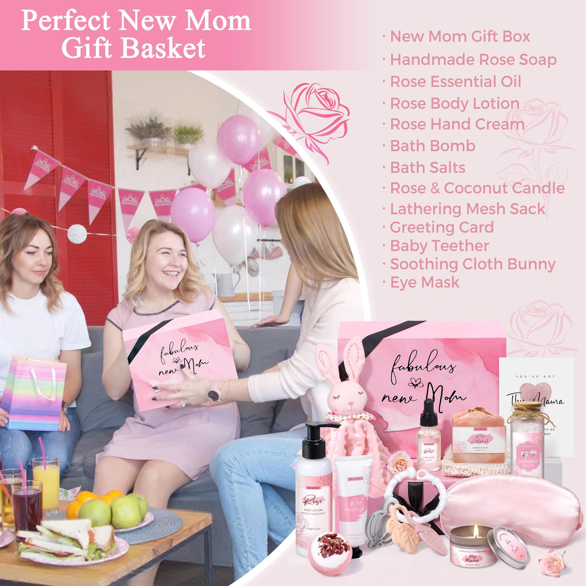 LUCOTIYA bunny lovey and newborn care items in a cozy scene