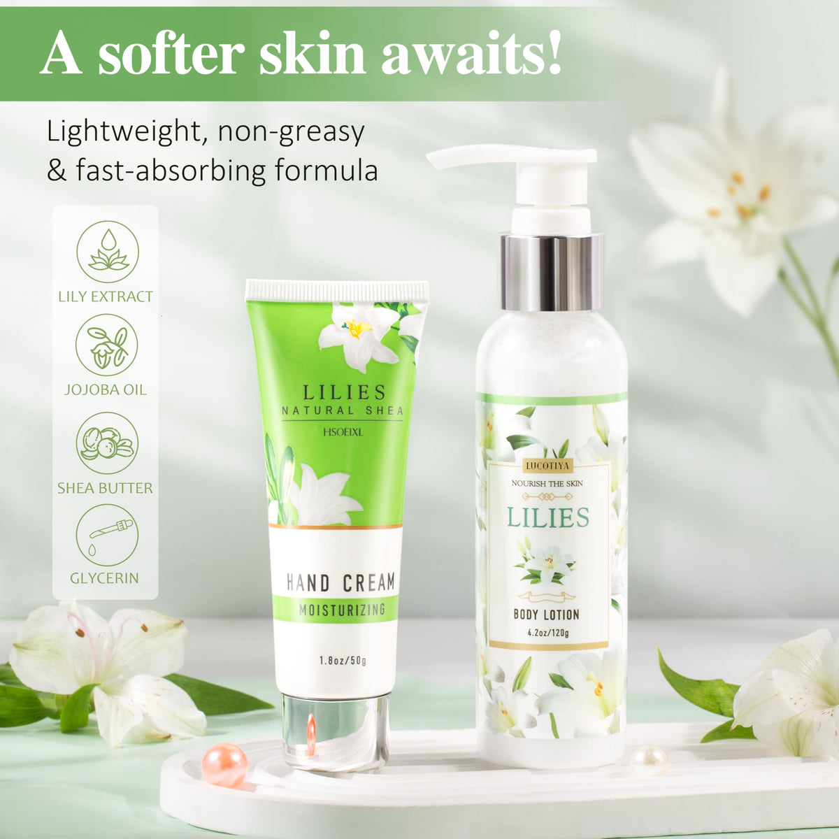 LUCOTIYA Lily Self Care Gift Set body lotion hydrates skin for daily use.