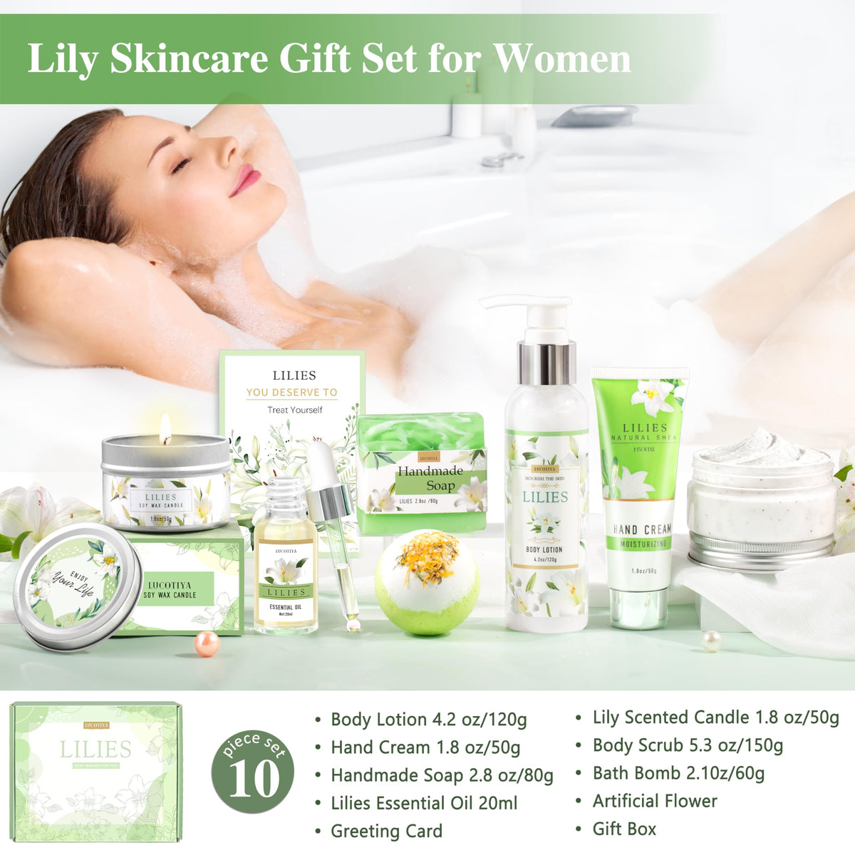 LUCOTIYA Lily Self Care Gift Set body scrub reveals smoother skin after use.