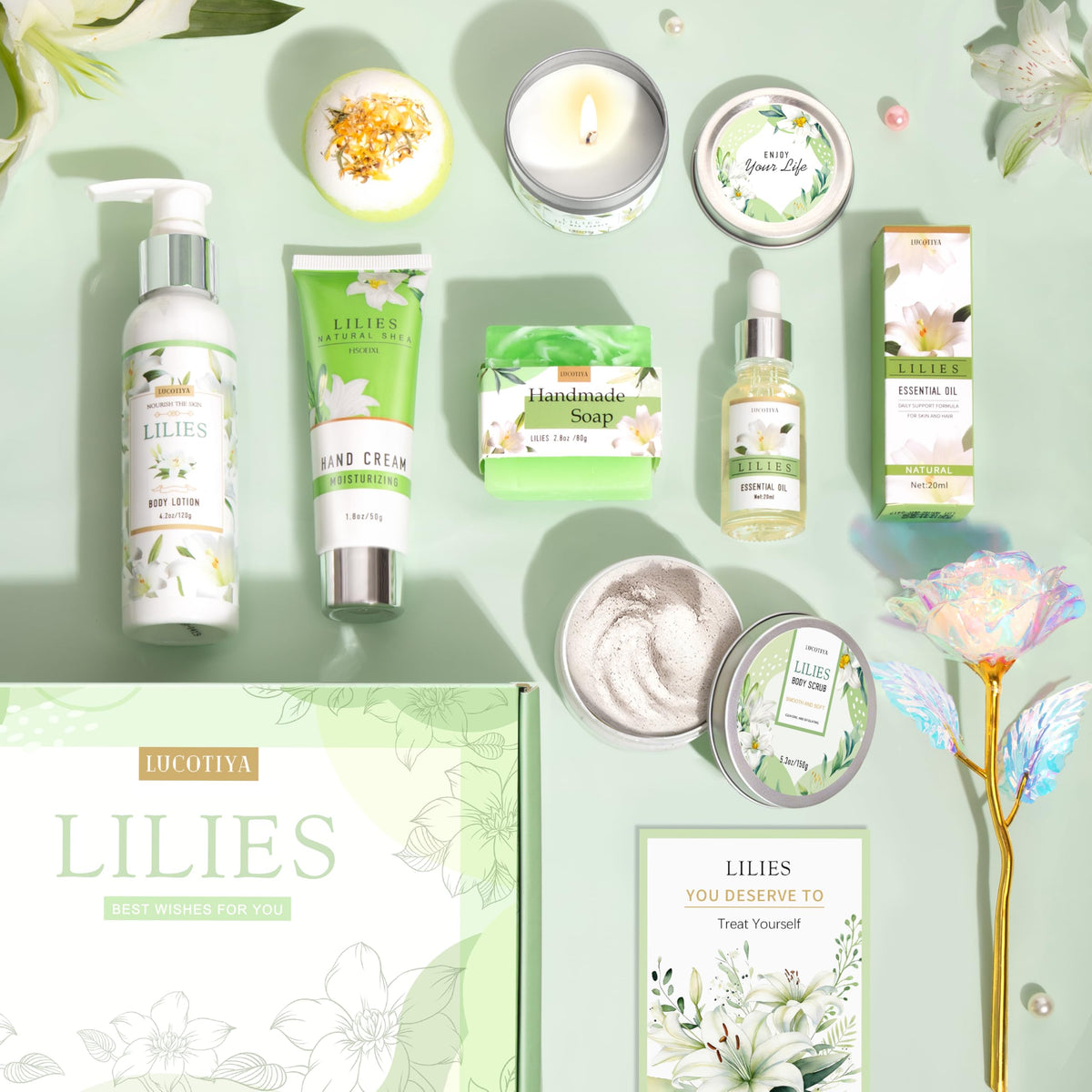 LUCOTIYA Lily Self Care Gift Set candle provides a calming aroma for relaxation.