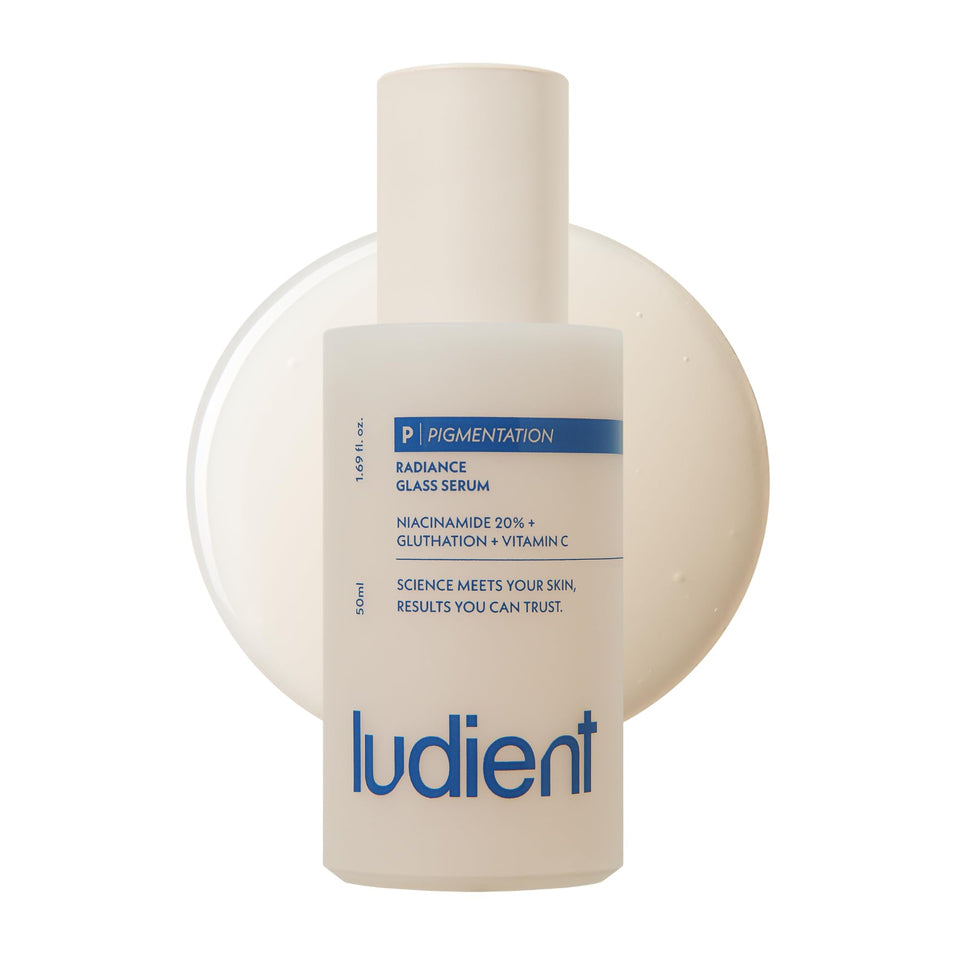Ludient Radiance Glass Serum bottle showing a glow-boosting formula for even skin tone.