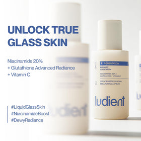 Ludient Radiance Glass Serum dropper delivering a lightweight serum for fast absorption.