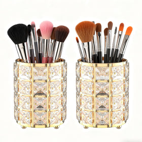 LUGUNU makeup brush holder with golden crystal bling for elegant vanity storage and desk organization