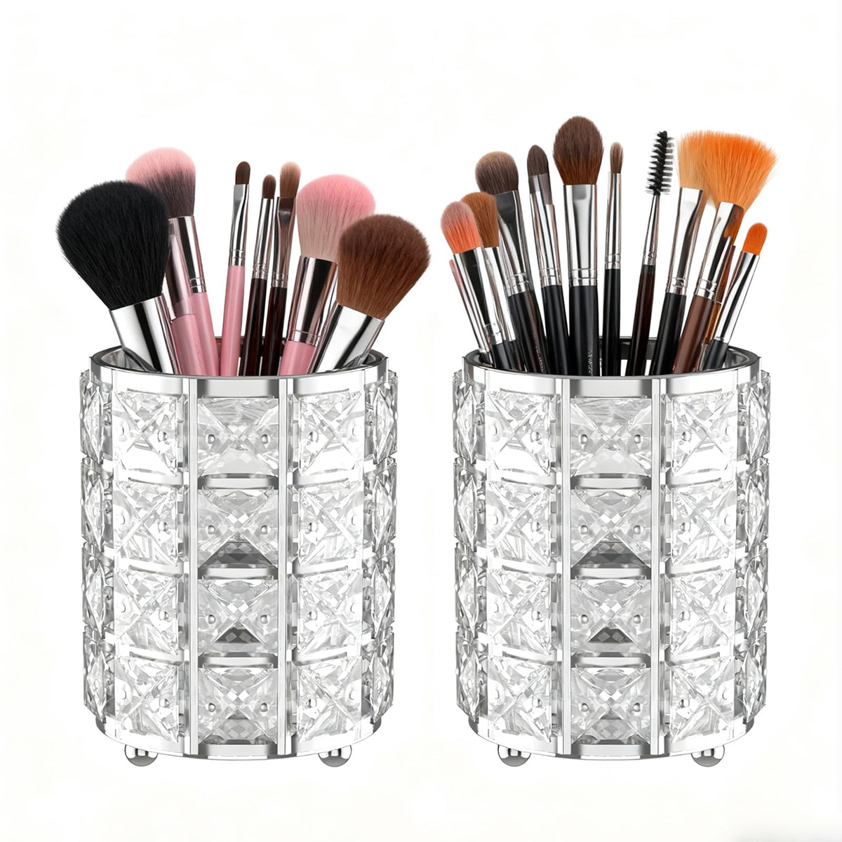 LUGUNU makeup brush holder with silver crystal bling keeps vanity organized.