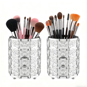 LUGUNU makeup brush holder with silver crystal bling keeps vanity organized.