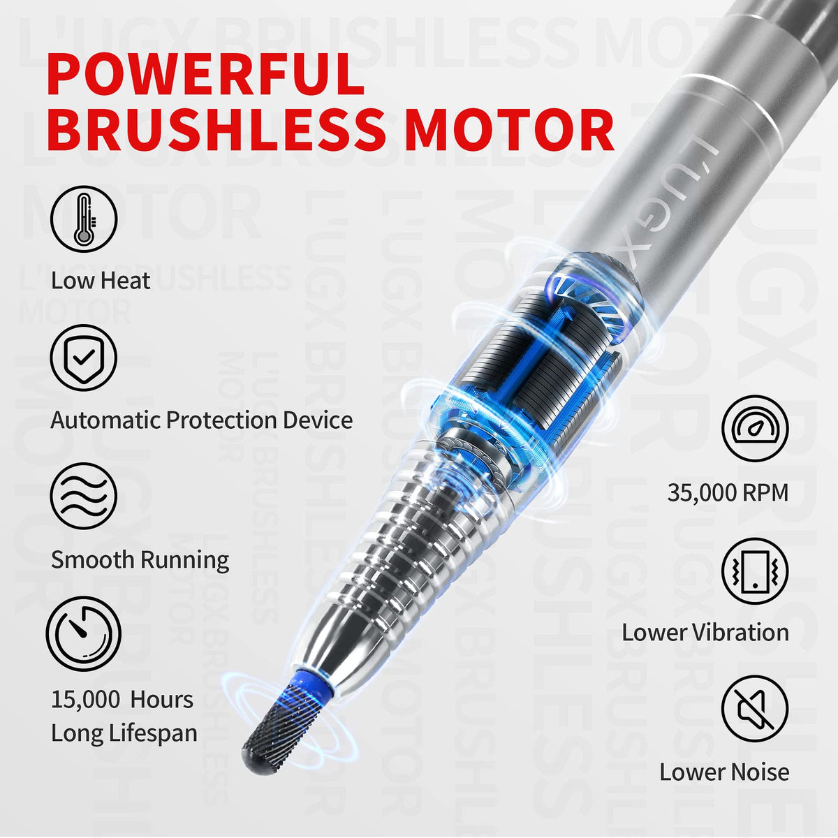L'UGX nail drill LED display shows RPM and battery life for precise control
