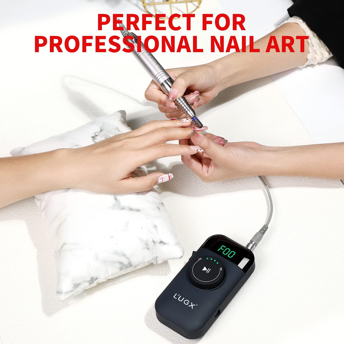 L'UGX nail drill operates quietly with low vibration during sessions