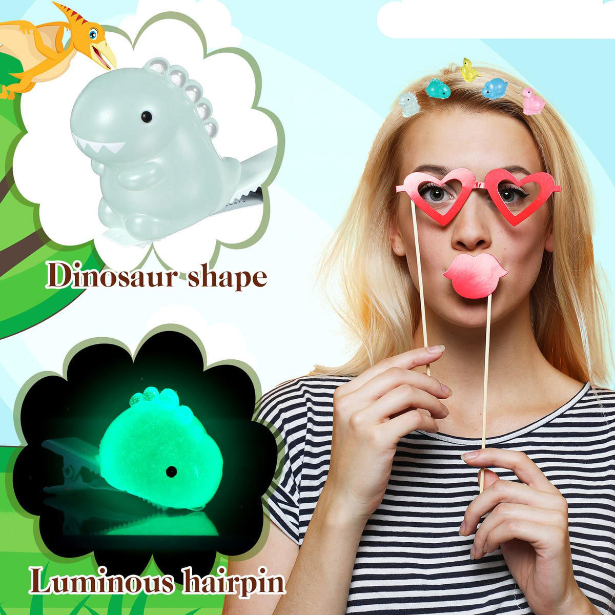 Luinabio colorful dinosaur clips close-up emphasizes versatile wear