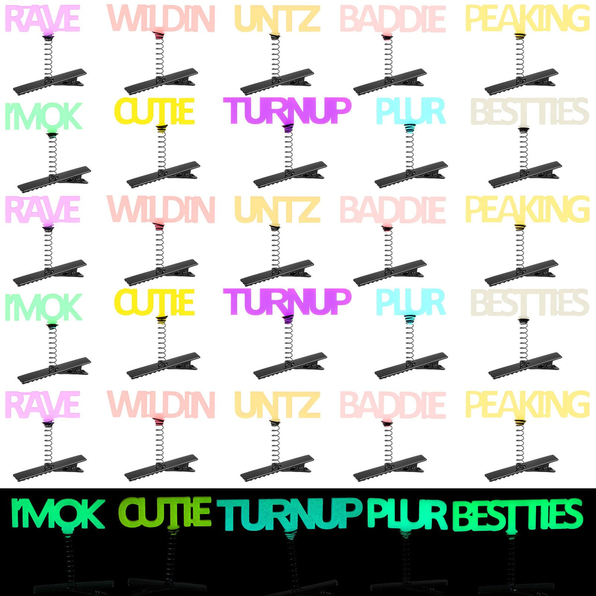 Luinabio glow words hair clip close-up, perfect for night outfits.