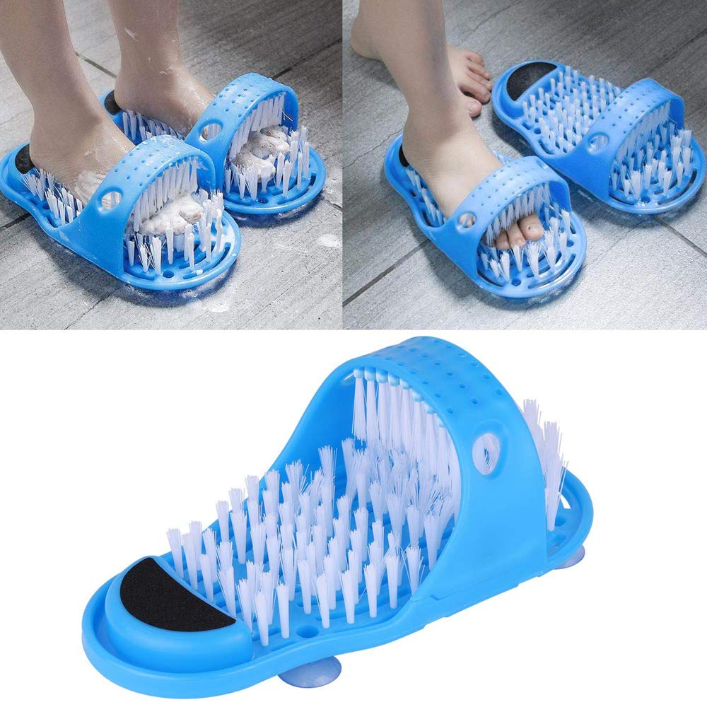 LUITON foot scrubber in shower demonstrating hands-free cleaning action.
