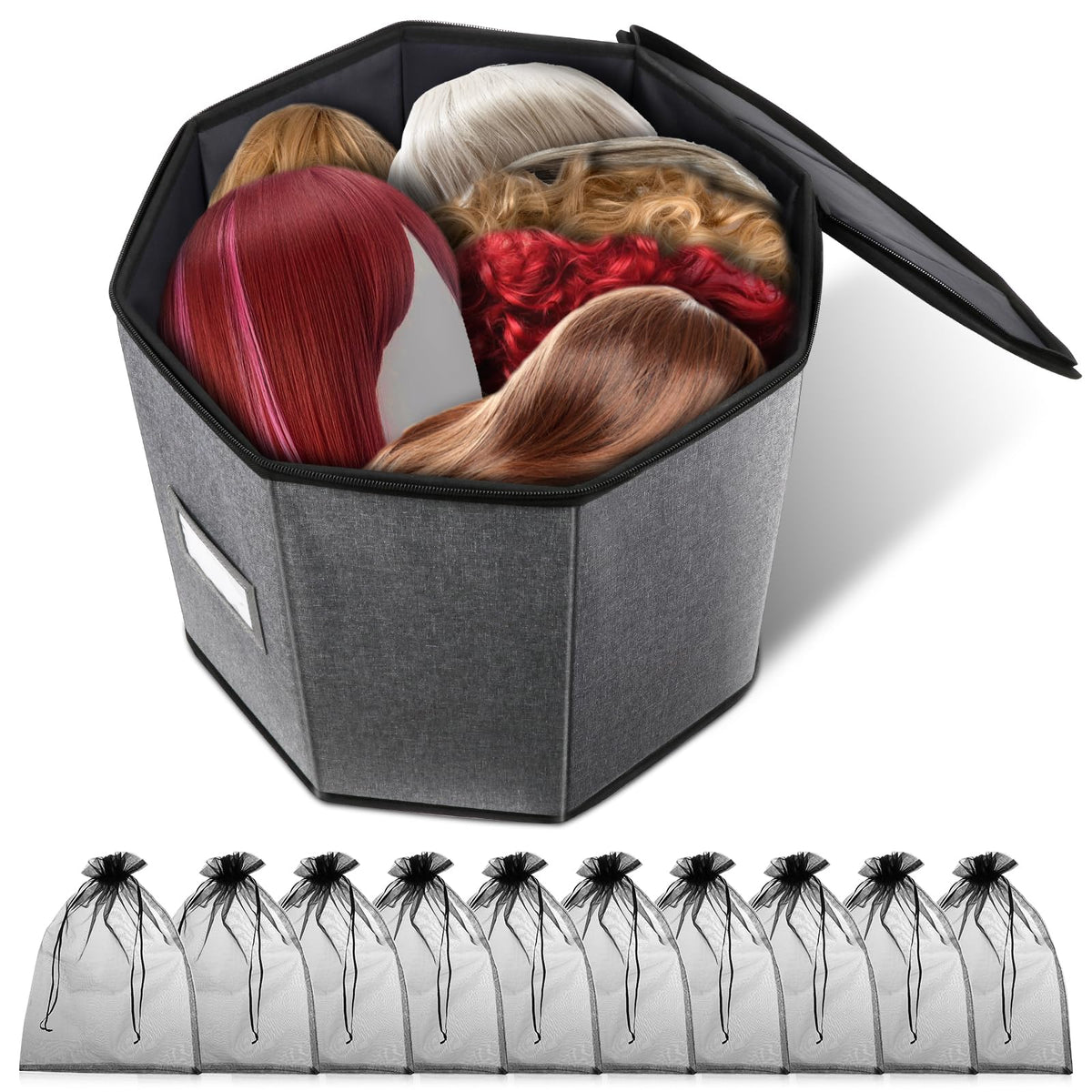 Lukeline wig storage box top view shows organized space for wigs and accessories