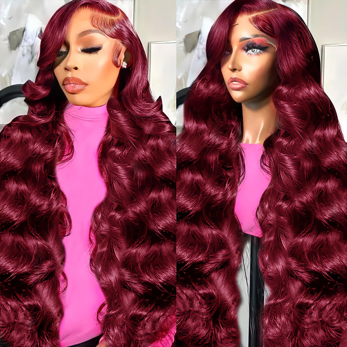 Lukymart 99J Burgundy lace front wig close-up shows natural lace and hair texture.