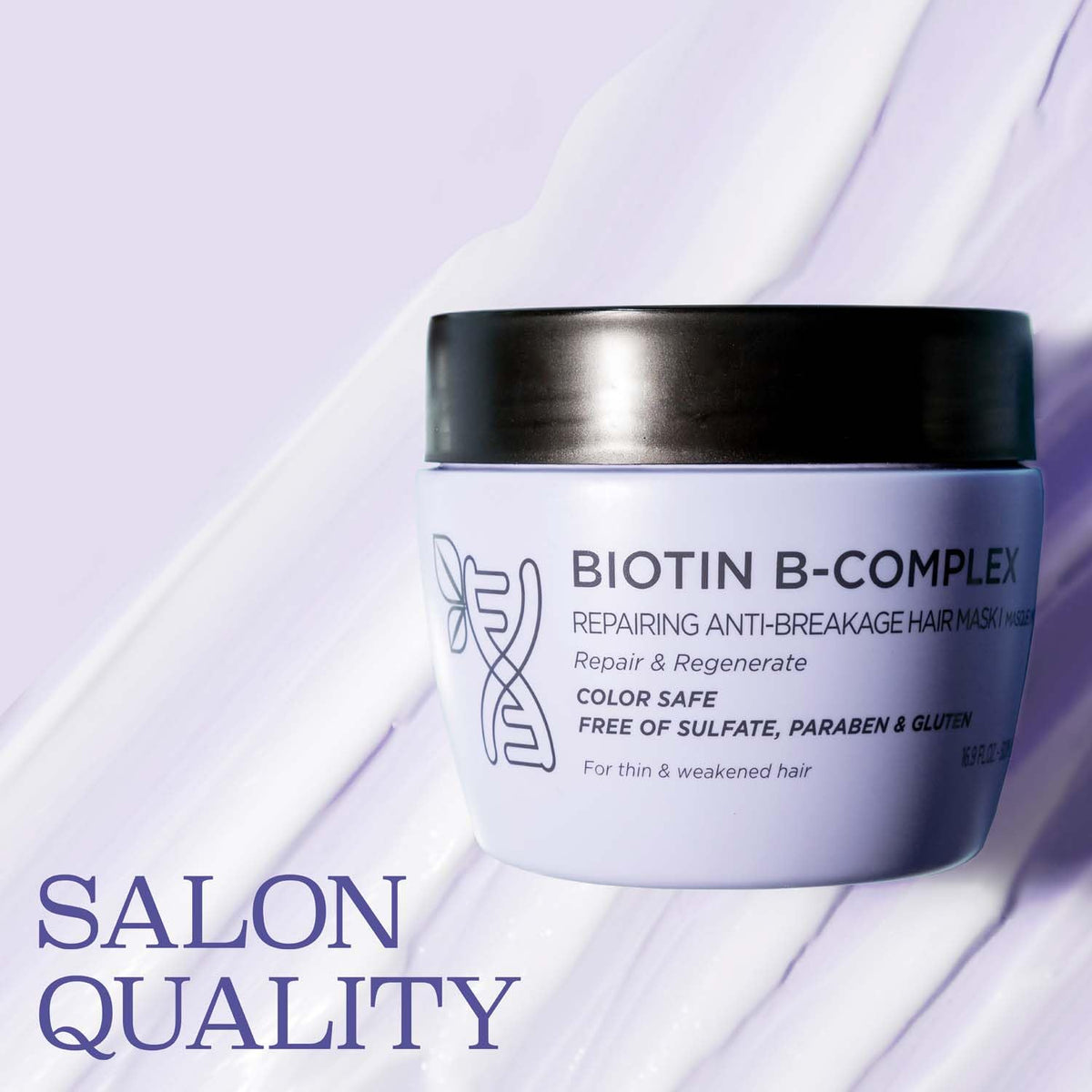 Luseta Biotin B-Complex Hair Mask ingredients display highlighting argan and caffeine.