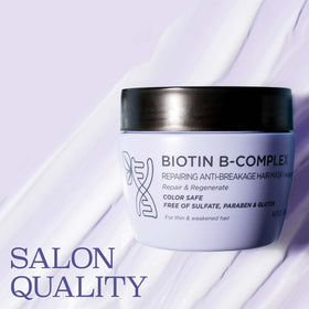 Luseta Biotin B-Complex Hair Mask ingredients display highlighting argan and caffeine.