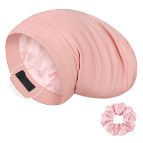 LULUSILK mulberry silk bonnet pink on head protects delicate curls overnight