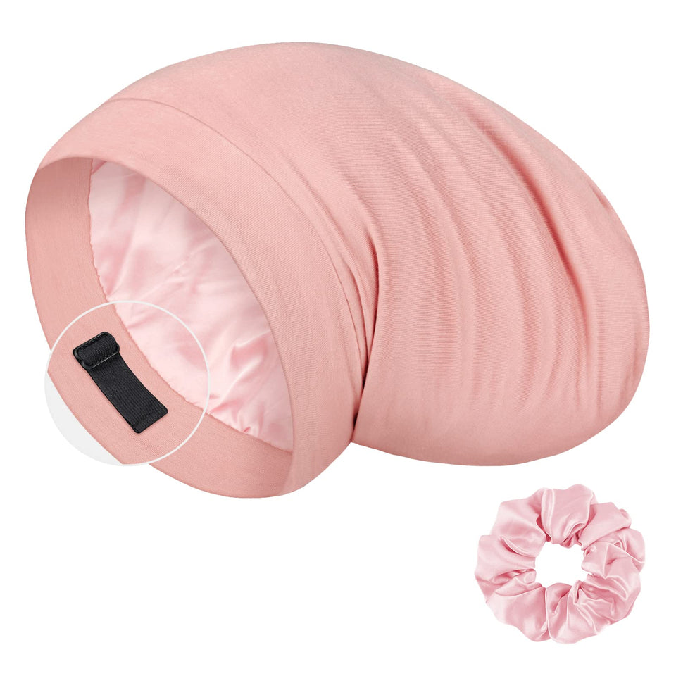 LULUSILK mulberry silk bonnet pink on head protects delicate curls overnight