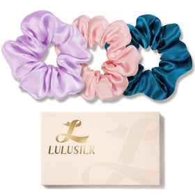 LULUSILK silk scrunchies close-up, mulberry silk texture for gentle, snag-free hair care.