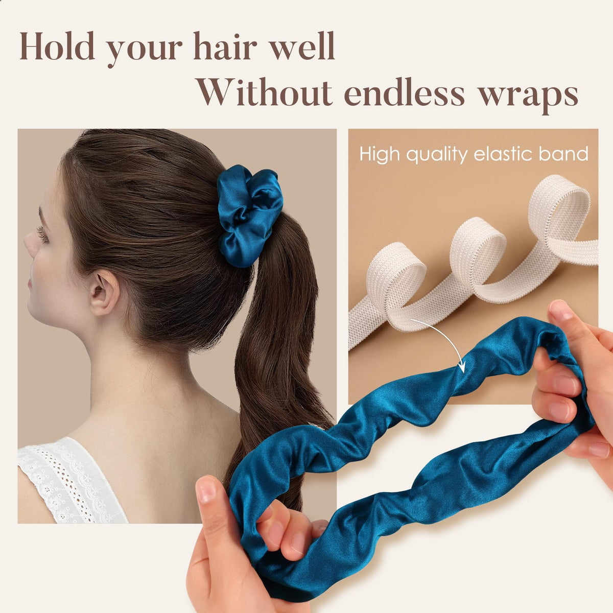 LULUSILK silk scrunchies with durable inside elastic preventing frequent re-tying.
