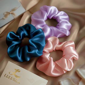 LULUSILK silk scrunchies pack of 3 in lavender pink and peacock blue.
