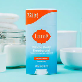 Lume packaging shows aluminum-free and baking soda-free claims.