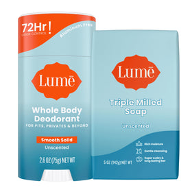 Lume smooth solid stick being applied on skin for long-lasting odor control.