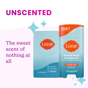 Lume deodorant stick applied underarm for long-lasting freshness and odor control.