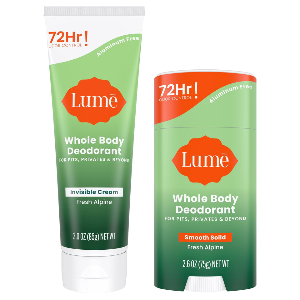Lume invisible cream tube close-up shows smooth application for all-over freshness.