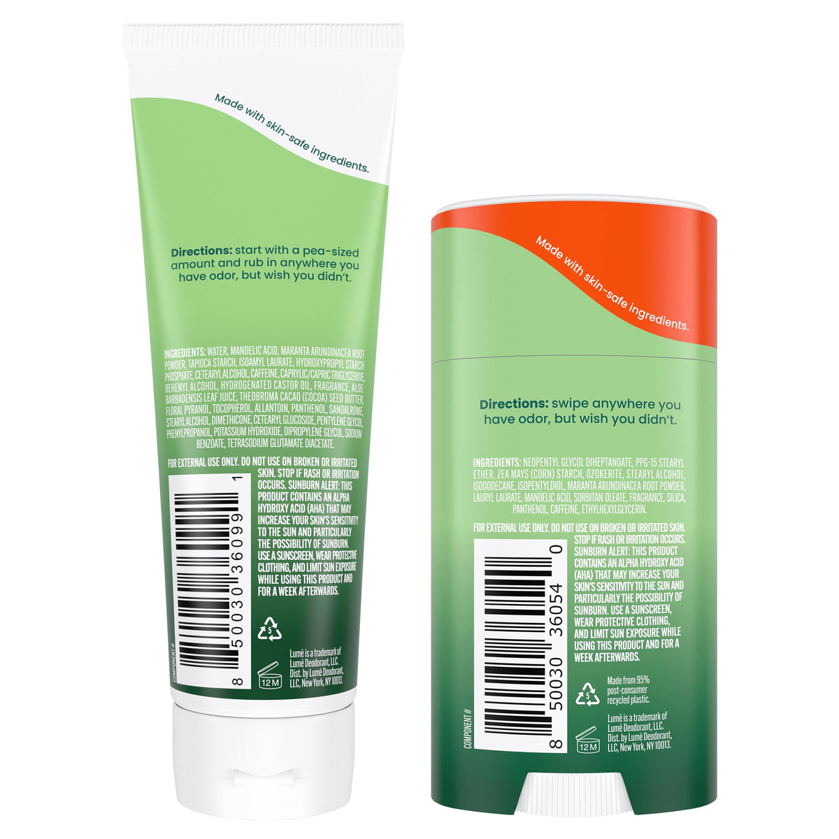 Lume solid stick close-up highlights a compact, travel-friendly deodorant for odor control.