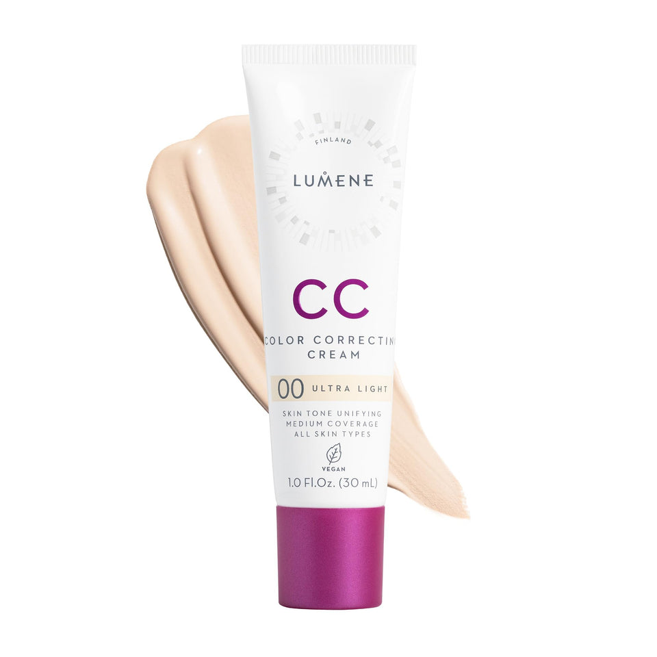 Lumene Color Correcting CC Cream bottle with pump for easy, mess-free application.