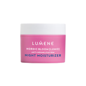 Lumene Nordic Bloom night cream bottle showing overnight hydration promise